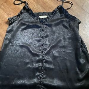 Black Button Up Satin Ruffle Cami/Tank Top